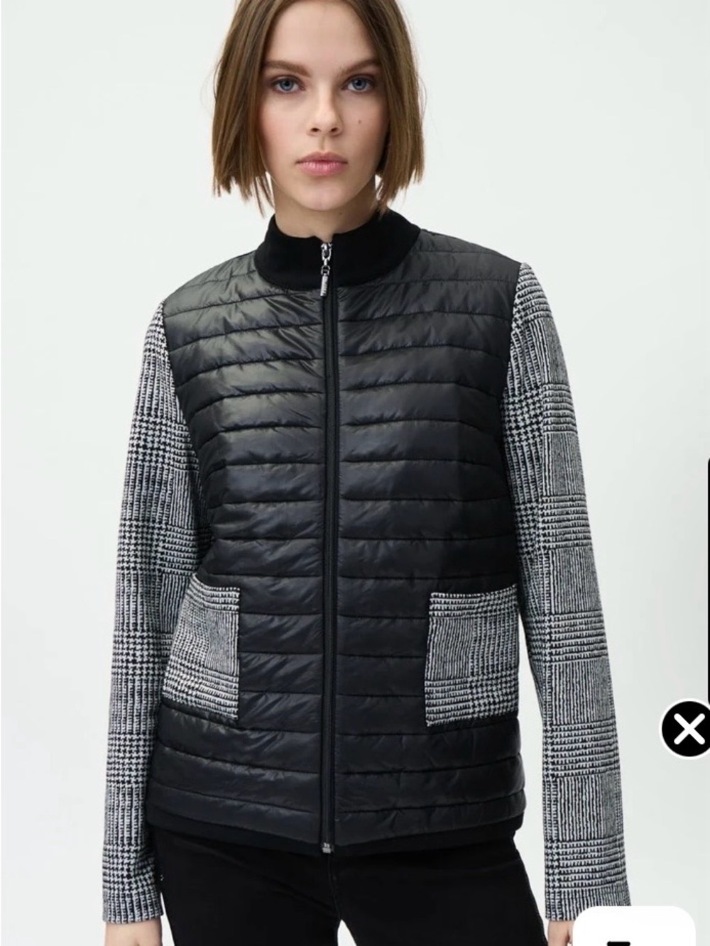 Joseph Ribkoff Black Quilted Front Jacket with Houndstooth Sleeves